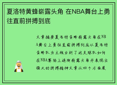 夏洛特黄蜂崭露头角 在NBA舞台上勇往直前拼搏到底