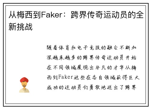 从梅西到Faker：跨界传奇运动员的全新挑战